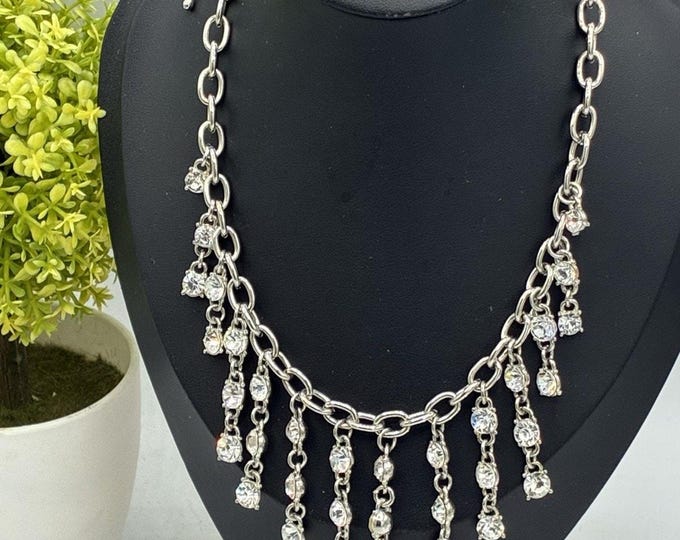 Vintage Signed Cookie Lee Silver Tone Chain Necklace Rhinestone Dangle Fringe