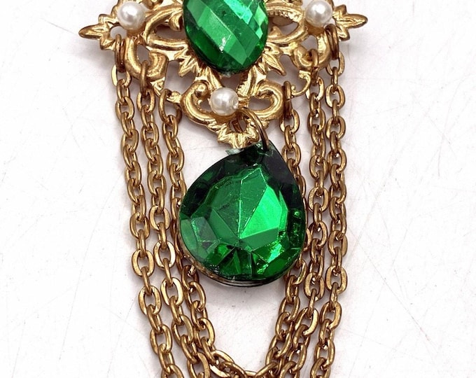 Vintage Green Glass Brooch Gold Tone Chain Dangle Faux Pearl Statement 3”