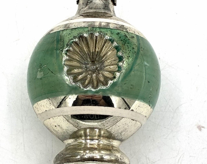 Vintage Shiny Brite Reflector Indent Drop Ornament – Green Silver Finial USA