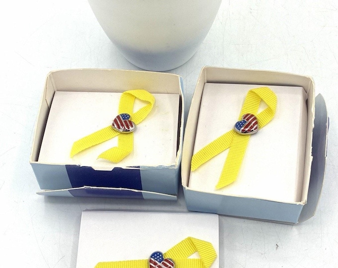 Lot of 3 Avon 2003 Yellow Ribbon Patriotic Heart Flag Tac Pins Red White Blue