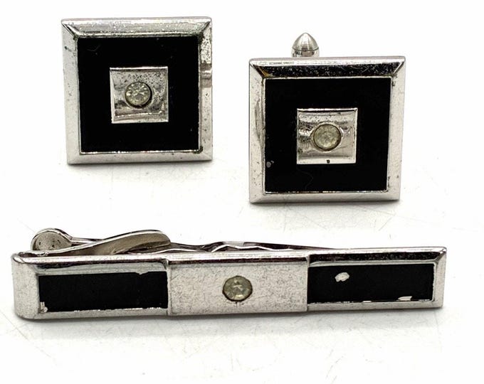 Vintage Swank Cufflinks Tie Bar Set Black Enamel Rhinestone Silver Tone