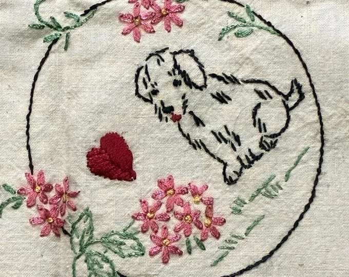 Vintage Hand Embroidered Card Table Cover Scottie Dogs Suit Symbols 30x30