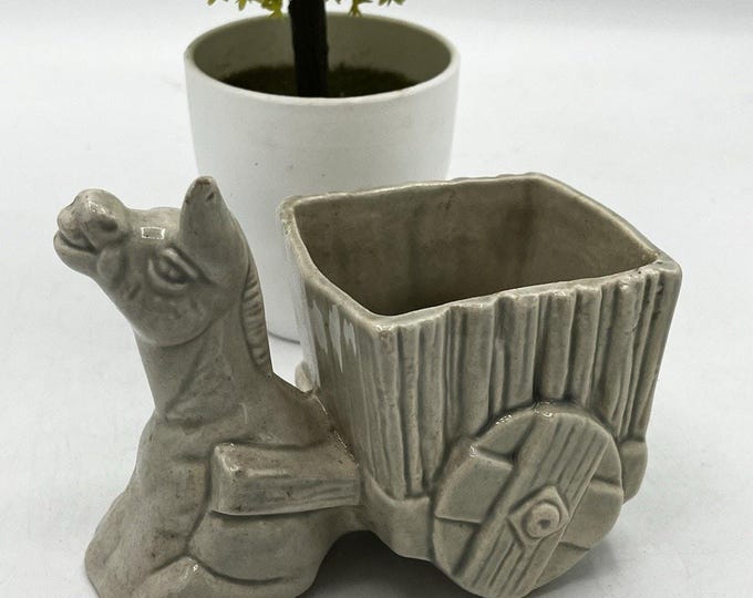 Vintage Ceramic Donkey Burro Cart Planter Gray Glaze 5" Mid Century Unmarked