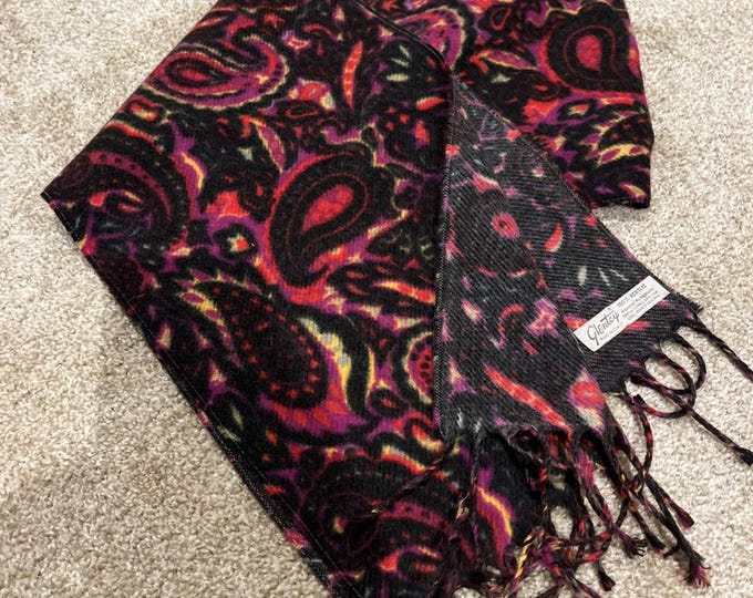 Vintage Glentex Scarf Made in Italy Red Purple Black Paisley Fringe 52x9