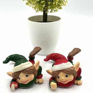 Vintage Pixie Elf Figurines Set of 2 Red Green Shelf Sitters
