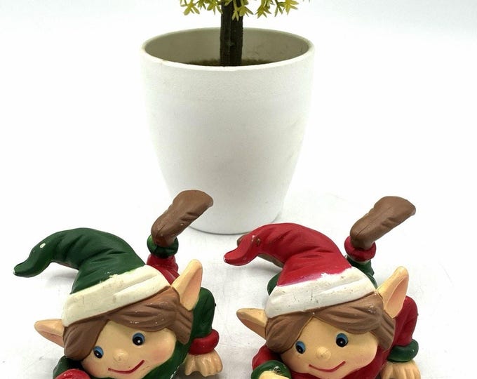 Vintage Pixie Elf Figurines Set of 2 Red Green Shelf Sitters