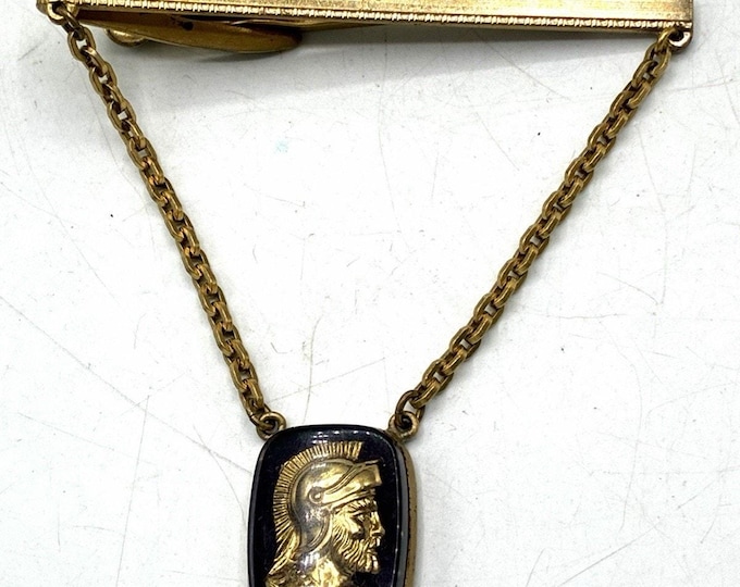Vintage Hickok Roman Centurion Warrior Tie Bar Clip Chain Gold Tone Black 1950s