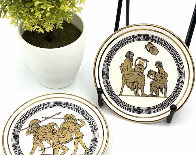 Greek Museum Reproduction Mini Plates – Hoplite Warriors & Lyre Art Pair 4” Gold Trim