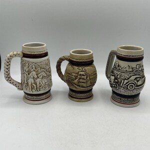 Lot Of 3 Vtg Avon 82’/83’ Mini Beer Stein Mugs Beige Cattle Drive MG Cars Ship