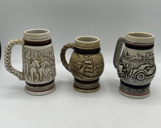 Lot Of 3 Vtg Avon 82’/83’ Mini Beer Stein Mugs Beige Cattle Drive MG Cars Ship