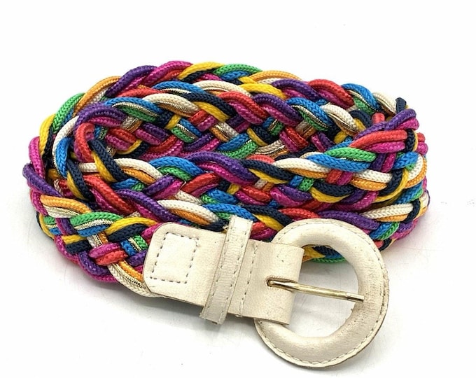 Vintage Multicolor Braided Cord Belt Rainbow Woven White Buckle 43 Inch