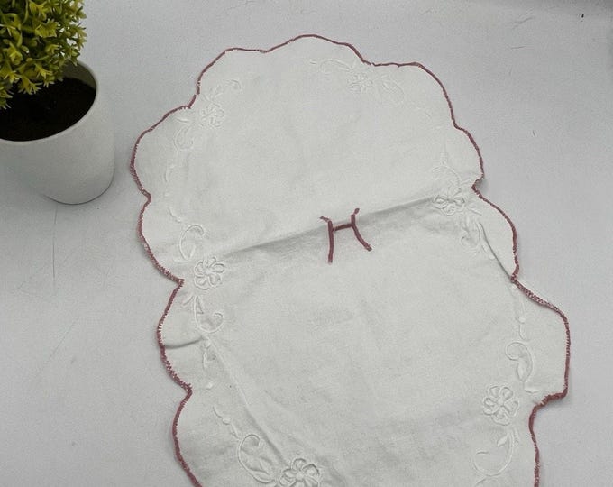 Vintage White Linen Doily Monogram H White Embroidery Pink Scallop Edge 8x13