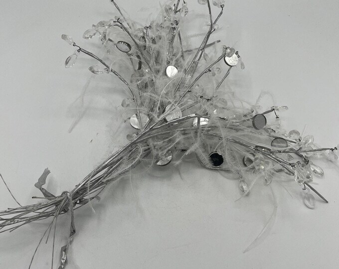 Set of 10 Rhinestone Silver Mirror Feather Spray Leaf Branches 10-12 Inch