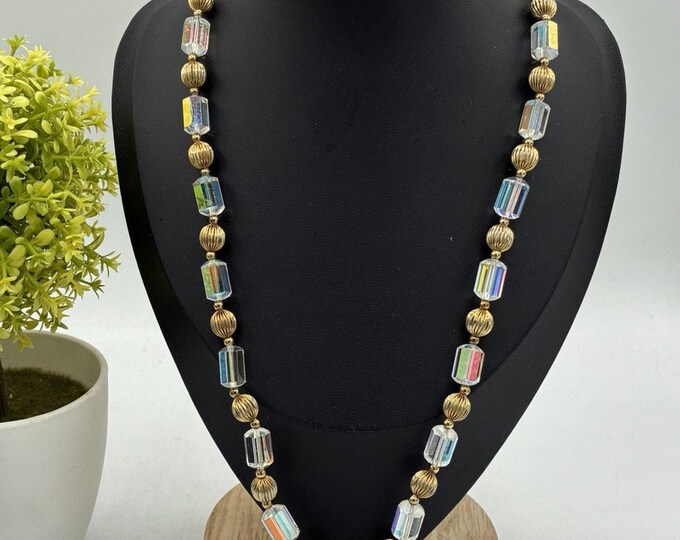 Vintage AB Aurora Borealis Crystal Rectangle Bead Gold Tone Melon Bead Necklace