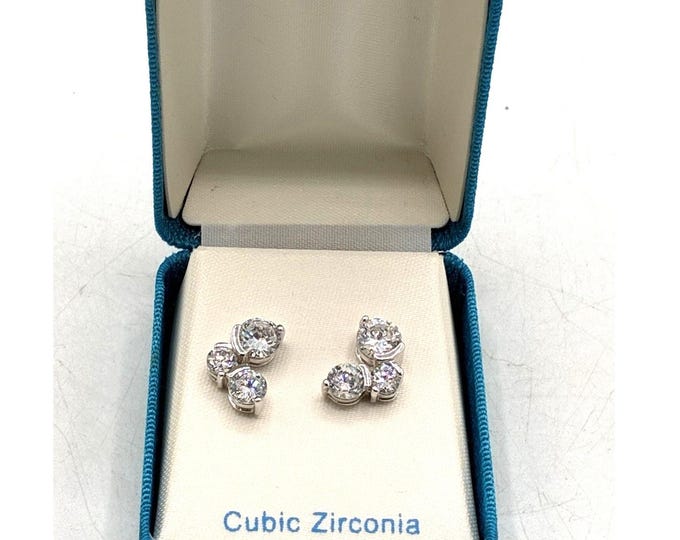 Cubic Zirconia Cluster Earrings Silver Tone Clear CZ Three Stone Estate Jewelry