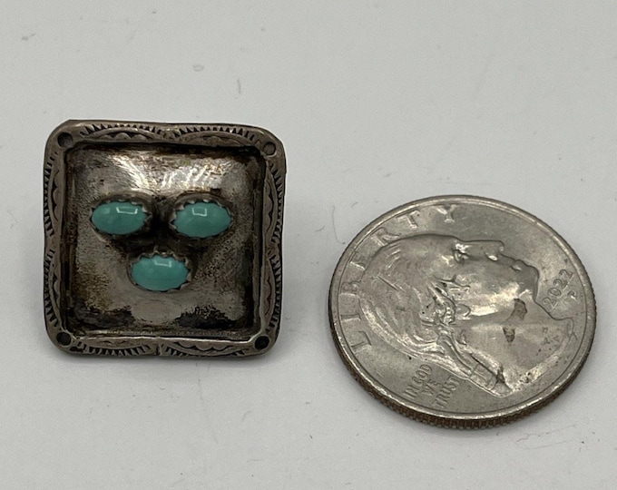 Vintage Sterling MS Turquoise Square Pin Native American 3 Stone 7/8”