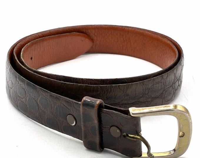 Brown Croc Embossed Belt 41-44” Vintage Style Brass Tone Buckle