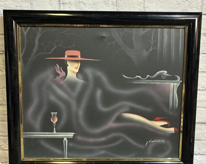 Vintage 1980s Janice McCamon Signed Glamour Woman Art Red Hat 28x24