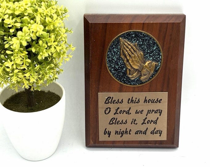 Vintage Bless This House Walnut Wall Plaque Praying Hands Brass Relief 6x4