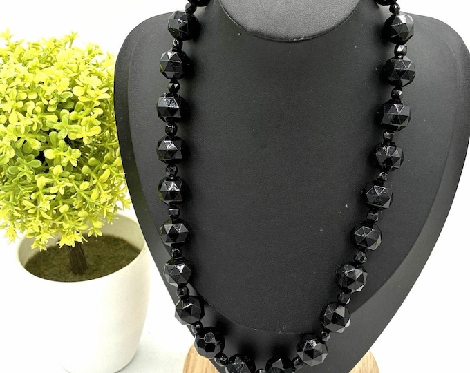 Czech Vintage Graduated Faceted Black Glass Bead Necklace Hand Knotted Mourning