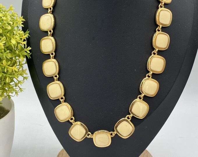 Vintage Reversible Enamel Panel Necklace Cream Black Gold Tone 16 Inch