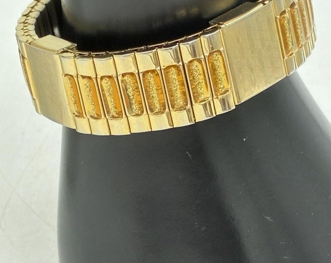 Vintage Wide Gold Tone Stretch Bracelet Amber Glass Gold Fleck Inserts 1960s