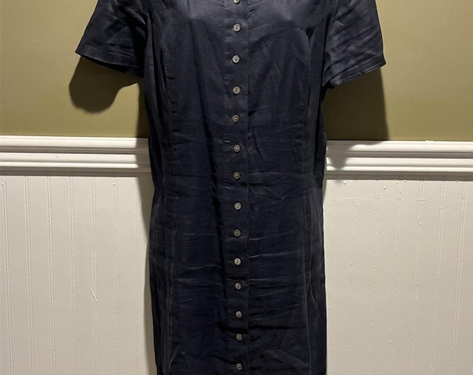 Valerie Stevens Vintage Linen Shirt Dress Navy Button Up Tie Back Size 12