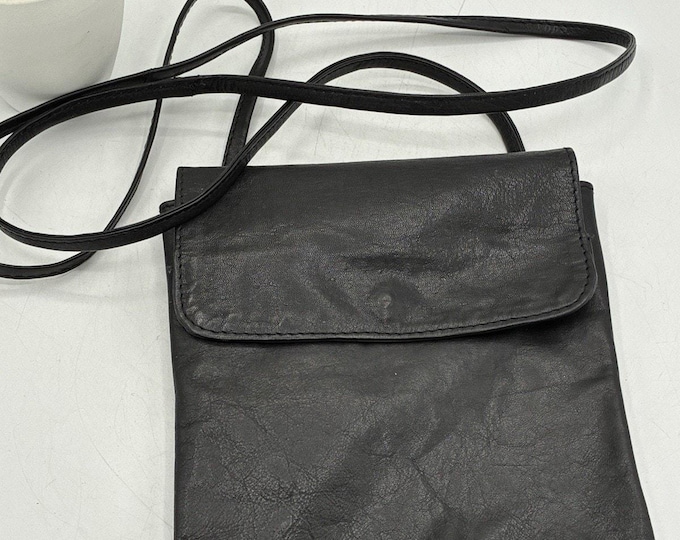 Vintage Genuine Leather Crossbody Bag Black Flap Front Small Purse Unbranded