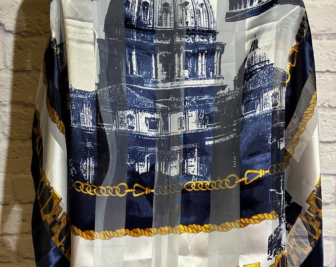 Vintage Raffaello Roma Rome Architecture Scarf Navy Gold Oversized 39 Inch