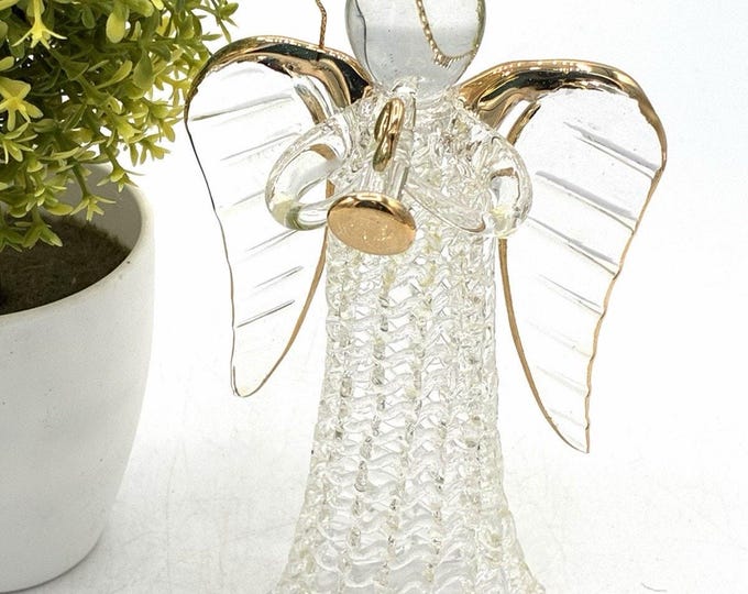 Vintage Spun Glass Angel Ornament Gold Tone Halo Trumpet Textured Robe 5 Inch