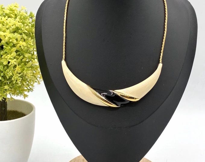 Vintage Monet Black Cream Enamel Collar Necklace Gold Tone Signed Modernist Jewelry
