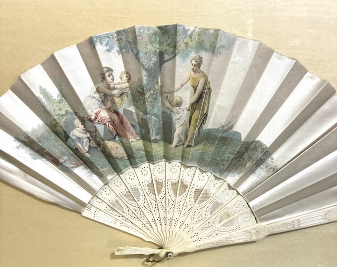 Antique Framed Hand Fan – Pierced Sticks Figural Scene Shadow Box Wall Art 25 Inch