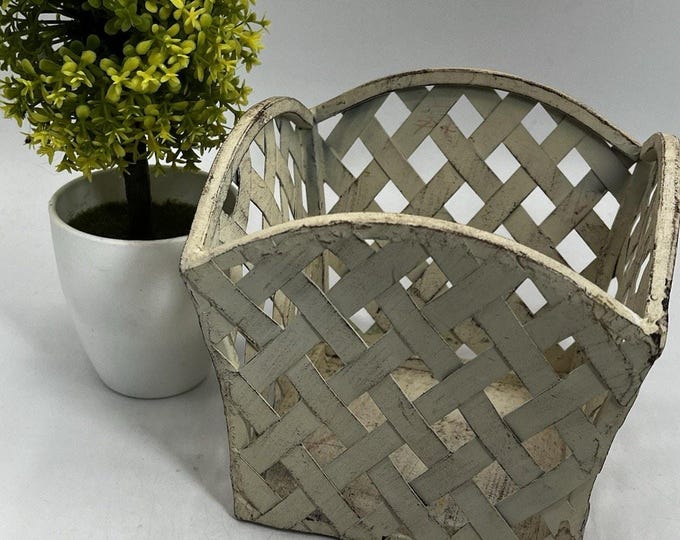Vintage Metal Lattice Basket – Distressed Off White 5x5 Rustic Farmhouse Decor