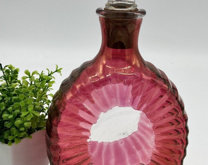Vintage Cranberry Glass Decanter Cork Stopper Ribbed MCM Barware 10 Inch