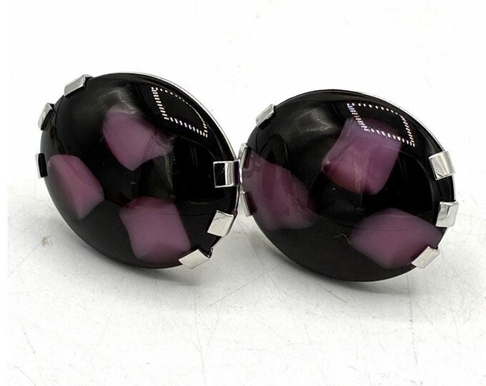 Swank Signed Cufflinks Purple Black Dome Cabochon Silver Tone Vintage Mod