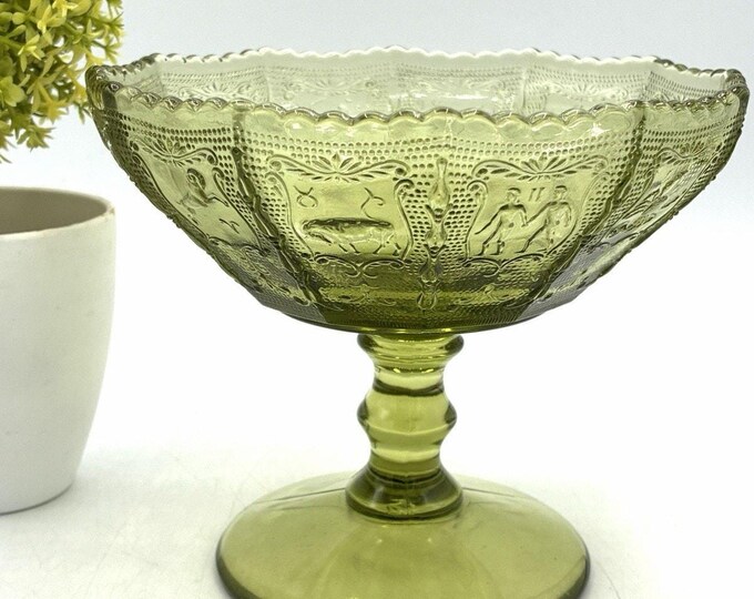 Vintage Imperial Glass Zodiac Verde Green Compote Astrology Pedestal Bowl