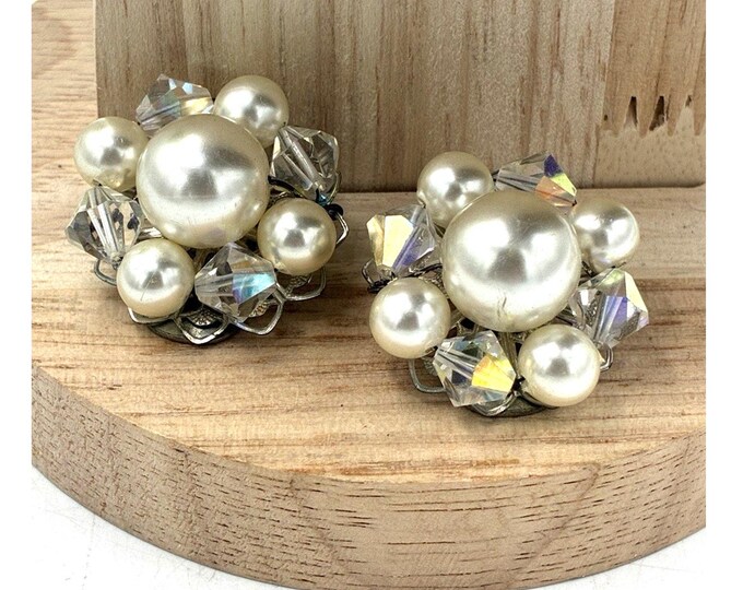 Vintage Faux Pearl AB Crystal Cluster Clip Earrings Silver Tone Filigree Back