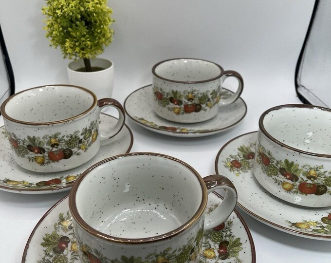Vintage Stoneware Soup Cups & Saucers Set of 4 – Speckled Fruit Pattern
