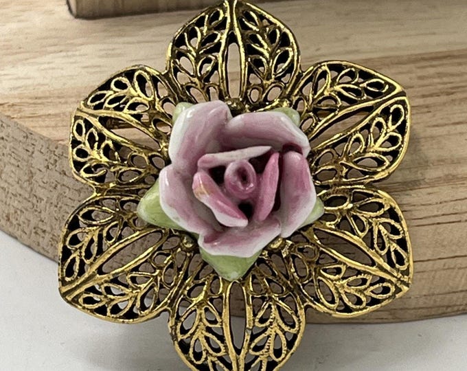 Vintage Filigree And Pink Porcelain Rose Brooch Pin 3D Lovely!