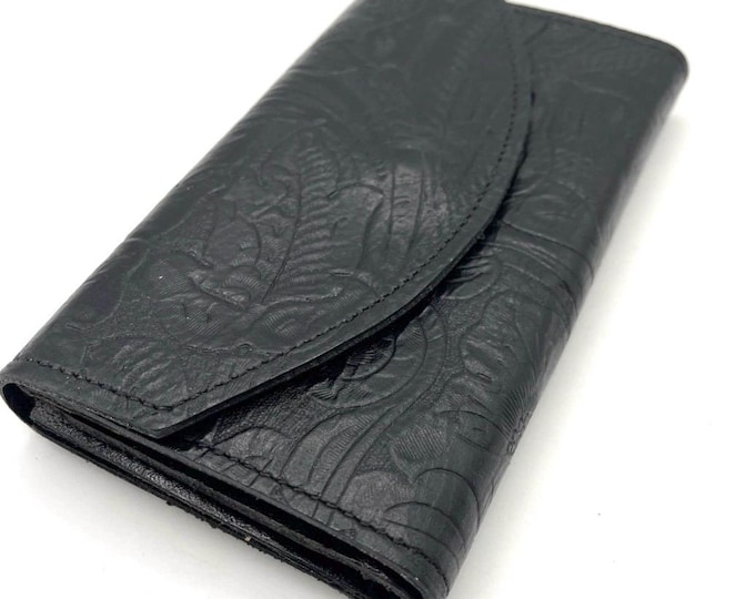 Vintage Black Leather Checkbook Wallet Floral Embossed Scroll Clutch Organizer