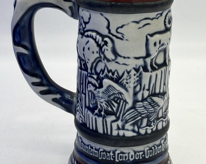 Vintage Avon 1983 Mini Beer Stein Mug Goat Sheep Eagle Condor Blue Made Brazil