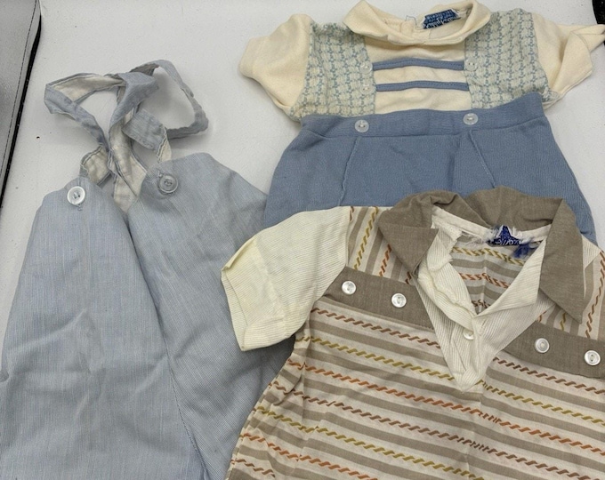 Vintage Baby Rompers Lot 3 Coombs Kiddy Kotton Blue Pinstripe Overalls