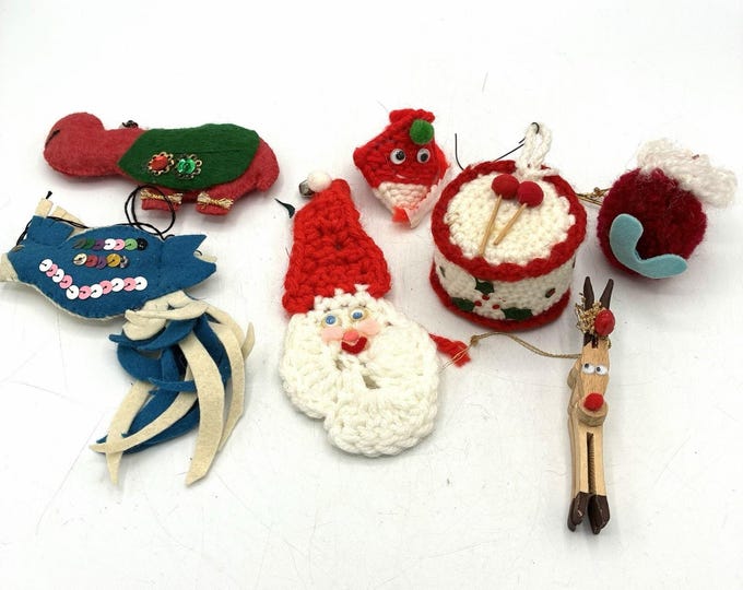 Vintage Handmade Christmas Ornaments Lot Crochet Felt Santa Reindeer Folk Art