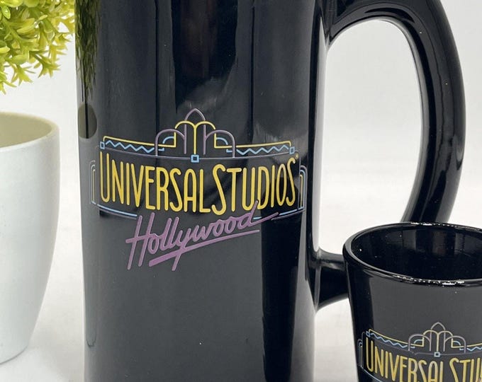Vintage Universal Studios Hollywood Tall Coffee Mug And Matching Shot Glass Set