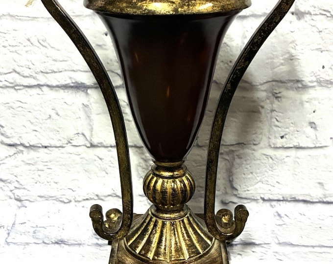 12” Gold Scroll Handle Decorative Urn Candle Holder Brown Hollywood Regency