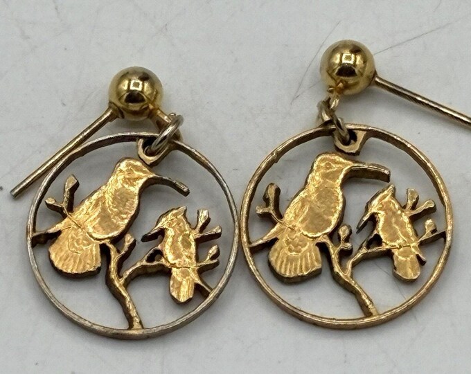 Vintage Cut Coin Dangle Earrings Gold Tone Bird on Branch Folk Art Handmade Pair
