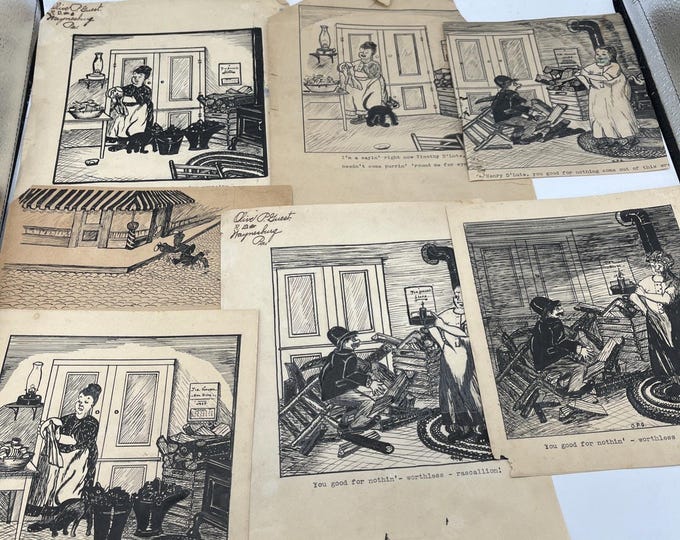 Orig 1929 Pen Ink Cartoon Illustrations Signed Olive P Guest Set 7 Domestic