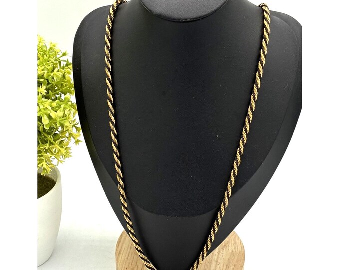 Vintage Trifari Gold-Tone & Black Cord Twisted Rope Necklace, Signed 24”