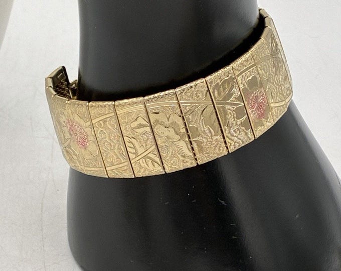 Vintage Japanese Style Wide Panel Bracelet Gold Tone Floral Engraved Rose Inlay