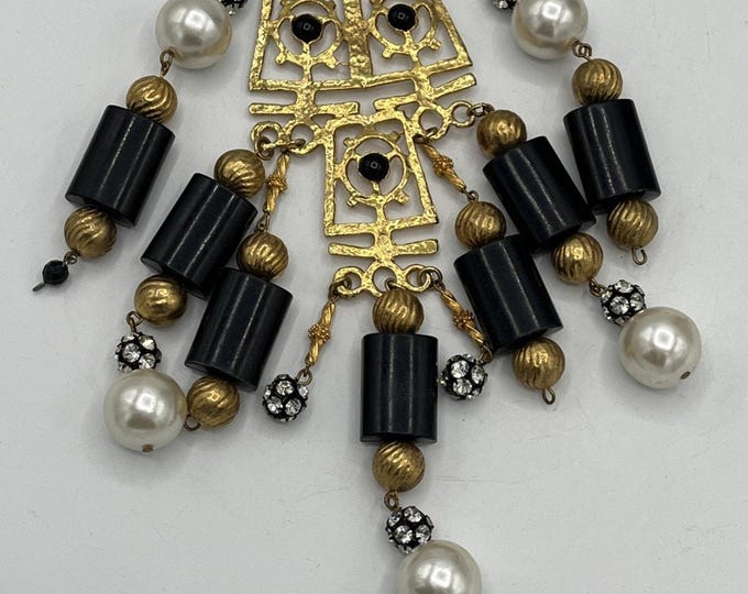 Unique Xtra Lg Vtg Statement Pendant Ethnic Goldtone Black Beaded Aztec Egypt